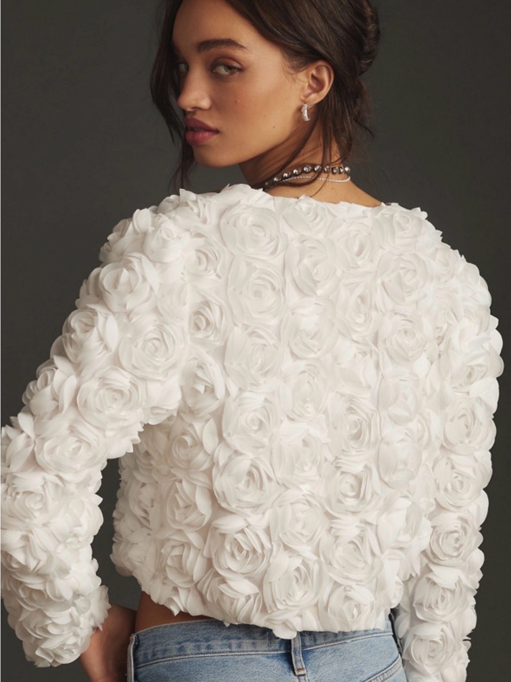 Anthropologie White 3D Rose Appliqué Long Sleeve Jacket